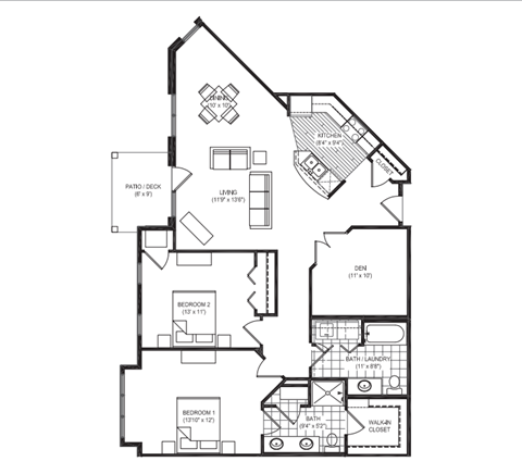 Floor plan for 2 beds, 2 baths, 1317 sqft
